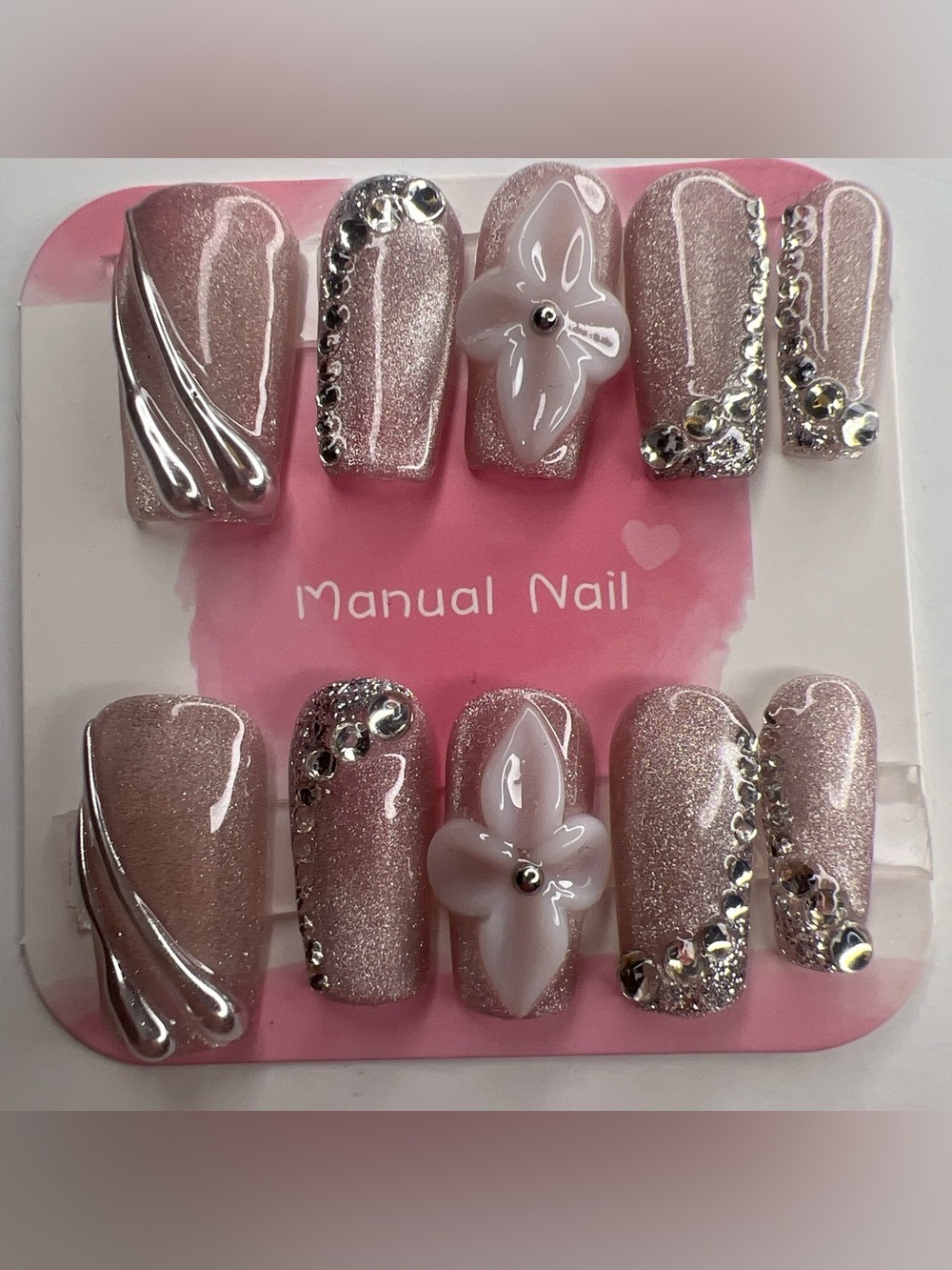Pink Glitter Press-On Nail Set with 3D Flower Accents